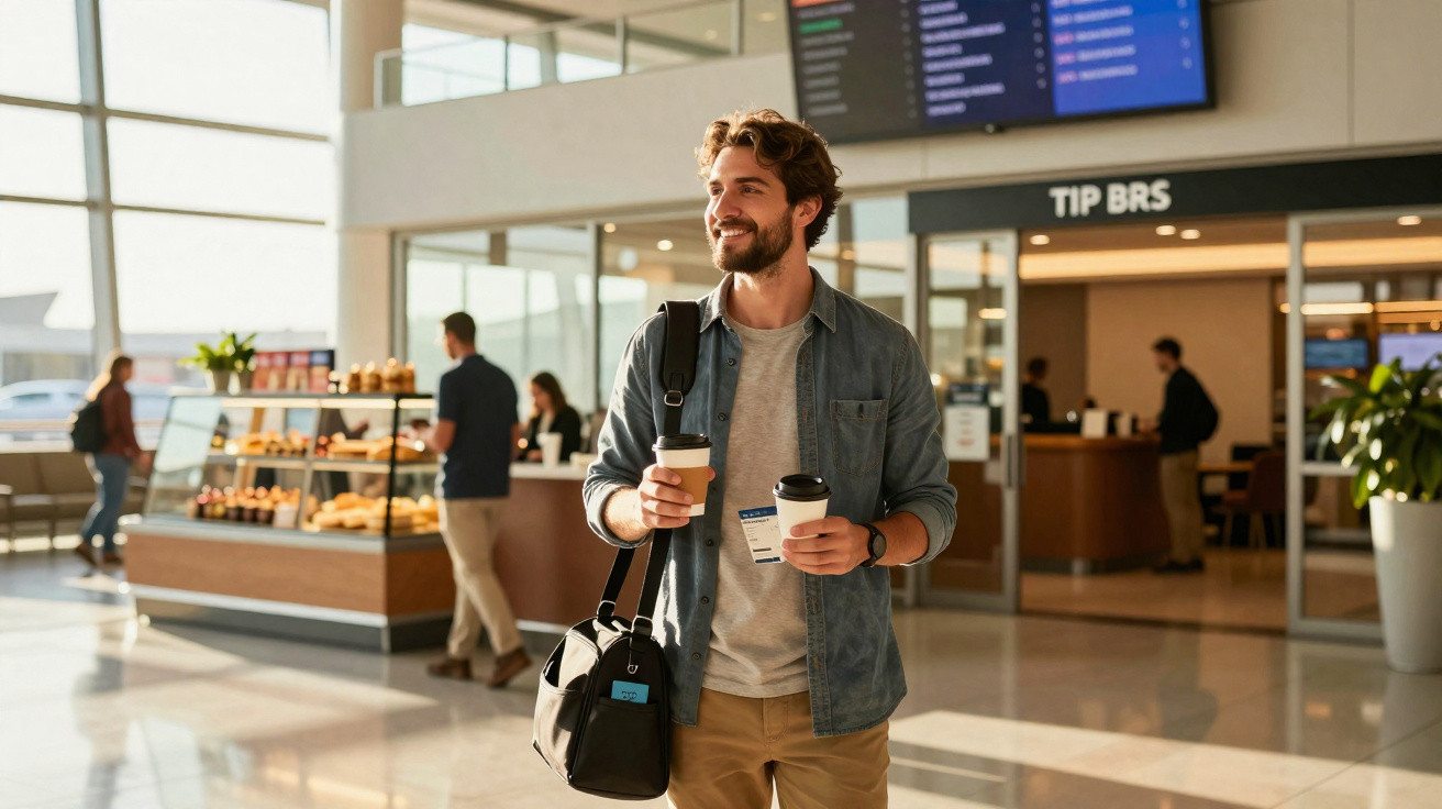 Homem sorridente com café e passagens na mão em saguão de aeroporto moderno e iluminado.