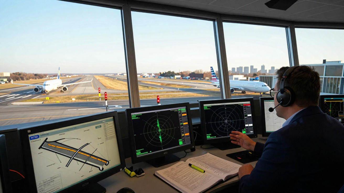 Controlador de tráfego aéreo monitora aviões com monitores e rádio em torre de aeroporto.