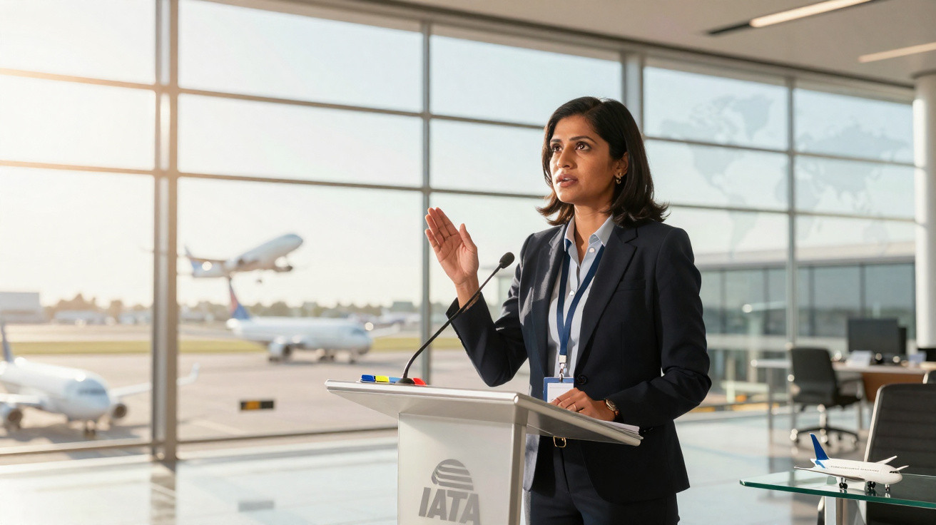 Mulher de terno falando em púlpito na frente de janelas com vista para pista de avião em aeroporto.
