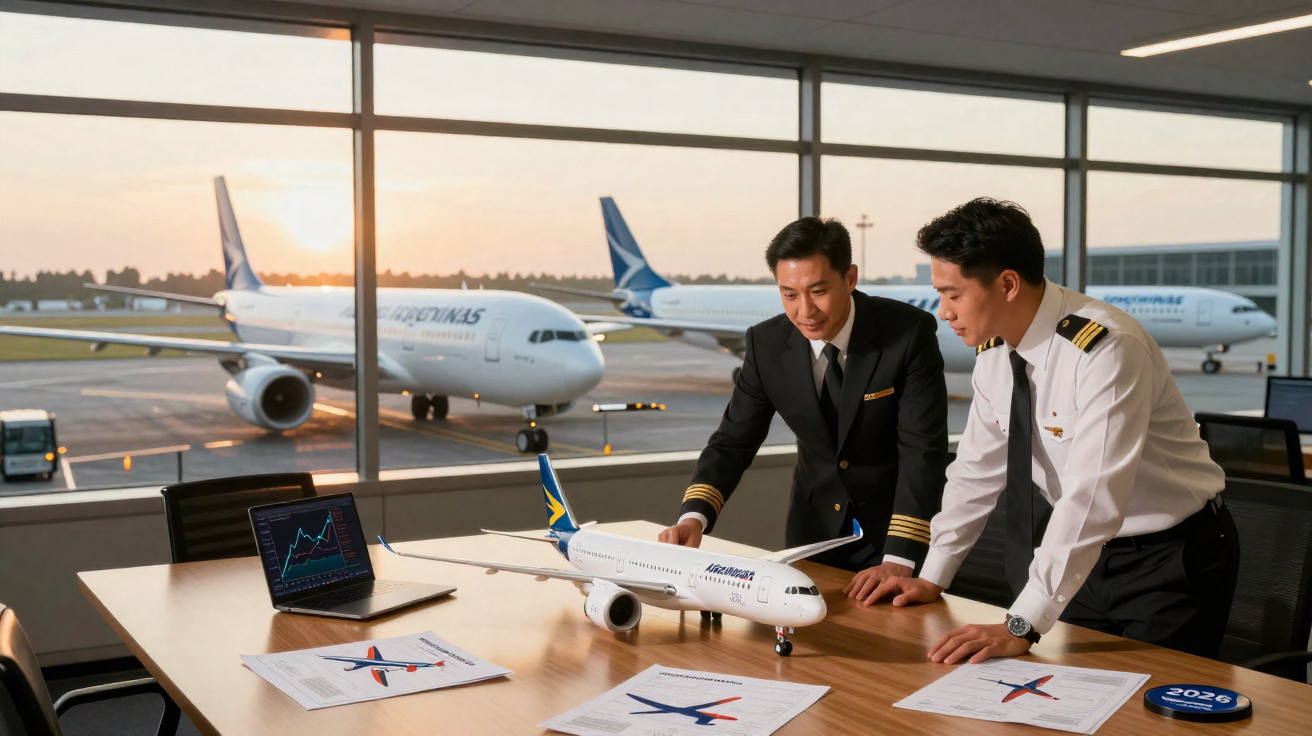 Dois pilotos analisando maquete de avião em escritório com pista e aviões ao fundo.