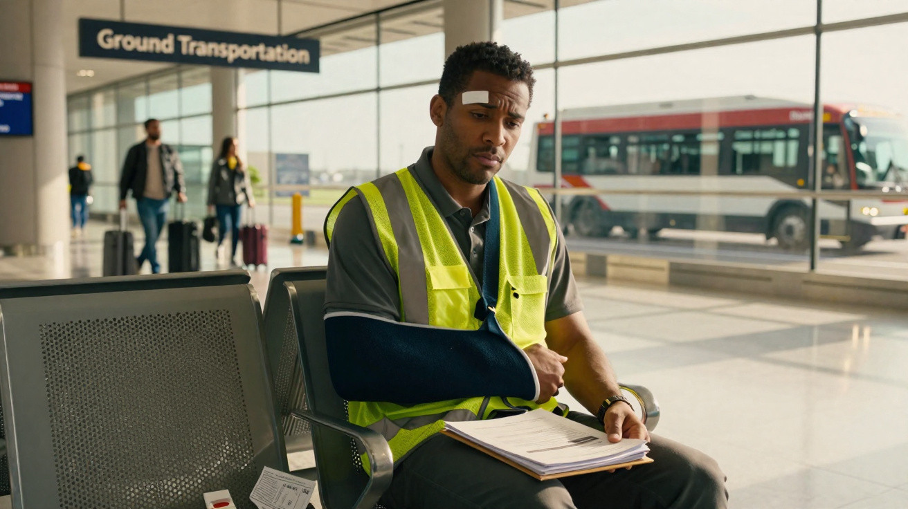 Homem com braço imobilizado e curativo na testa sentado em banco na área de transporte terrestre de aeroporto.