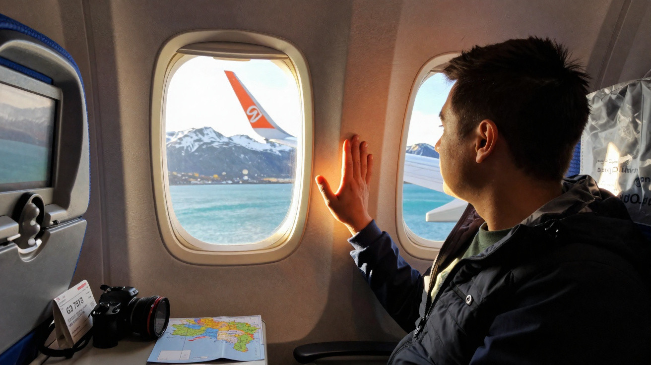 Homem admirando a vista de montanhas nevadas e mar pela janela de um avião durante o voo.