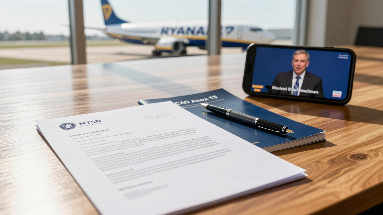 Documentos do NTSB e caneta sobre mesa de madeira com avião Ryanair e vídeo de homem em smartphone ao fundo.