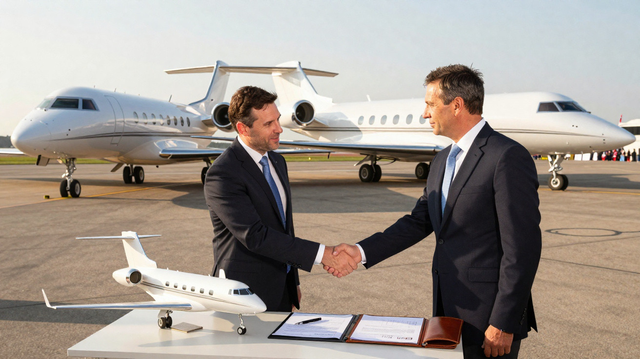 Dois homens de terno apertando as mãos em frente a dois jatos privados e uma maquete de avião sobre mesa.