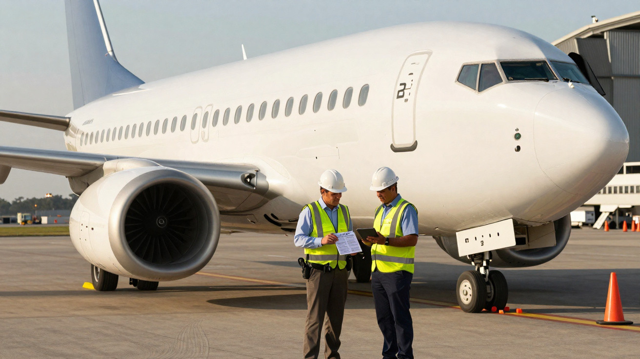Dois técnicos em coletes e capacetes discutem documentos ao lado de um avião branco estacionado no pátio.