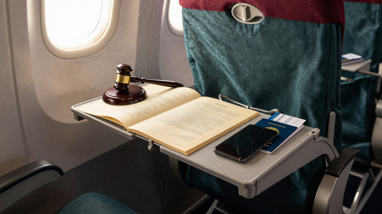 Mesa de apoio de avião com livro aberto, martelo de juiz, celular, passaporte e cartão de embarque.