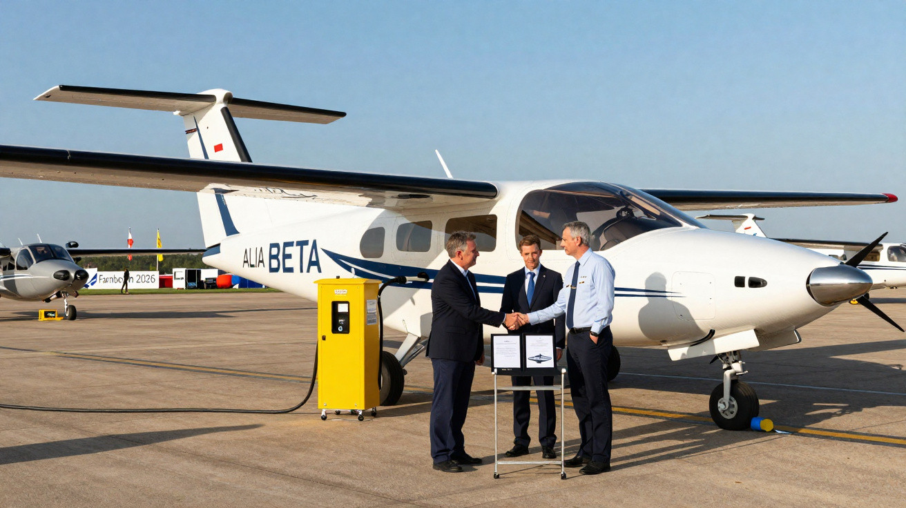 Três homens apertando as mãos ao lado de um avião pequeno branco com escrito "ALIA BETA" em aeroporto ensolarado.