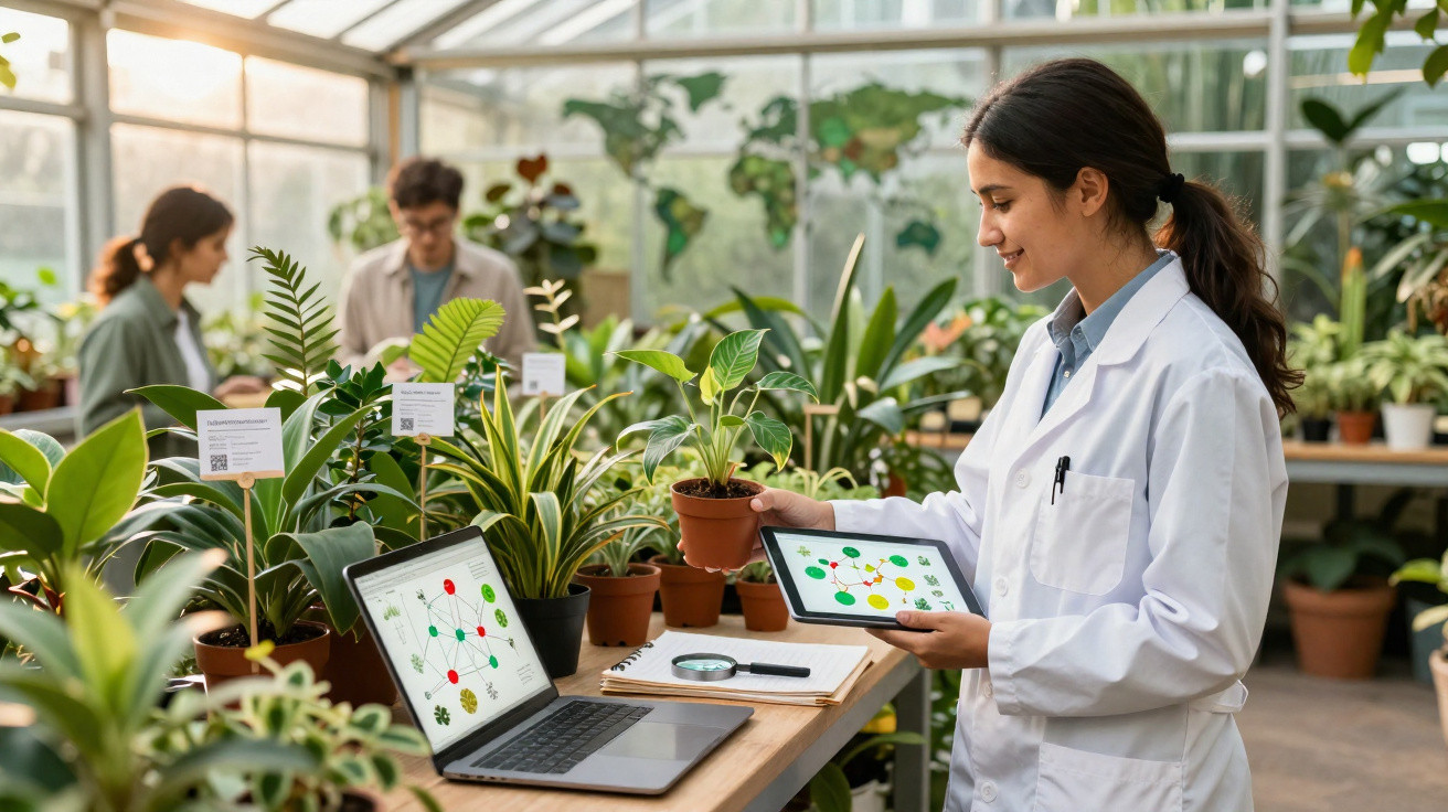 Pesquisadora em jaleco analisa planta em vaso em laboratório com computador e tablet ao fundo.