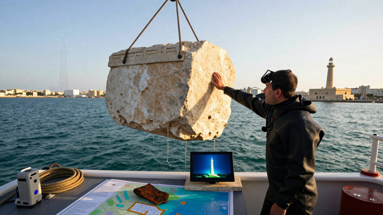 Homem toca pedra antiga suspensa por guindaste em barco perto de farol no mar ao entardecer.