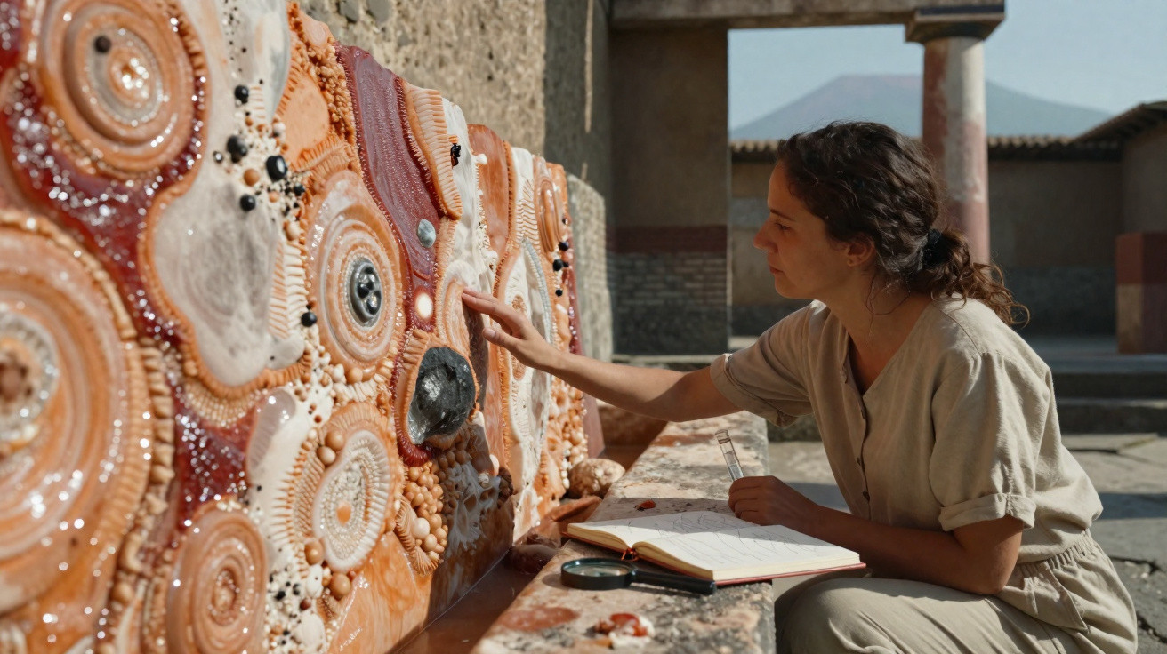 Mulher examinando e tocando obra de arte cerâmica com caderno aberto em ambiente arqueológico.