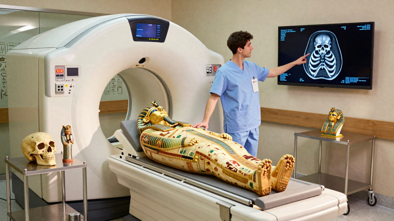 Profissional de saúde analisando imagem de raio-x de múmia egípcia dentro de máquina de tomografia.