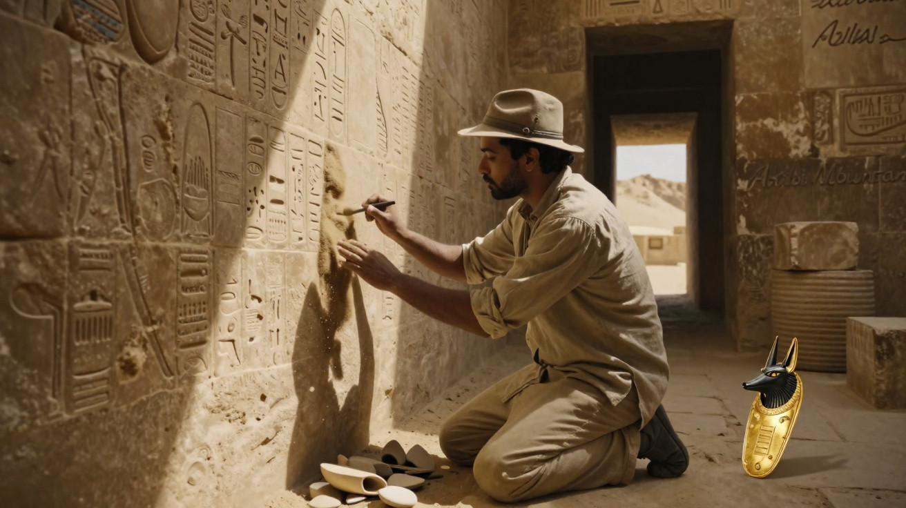 Arqueólogo escavando e analisando hieróglifos em parede de templo antigo no Egito.