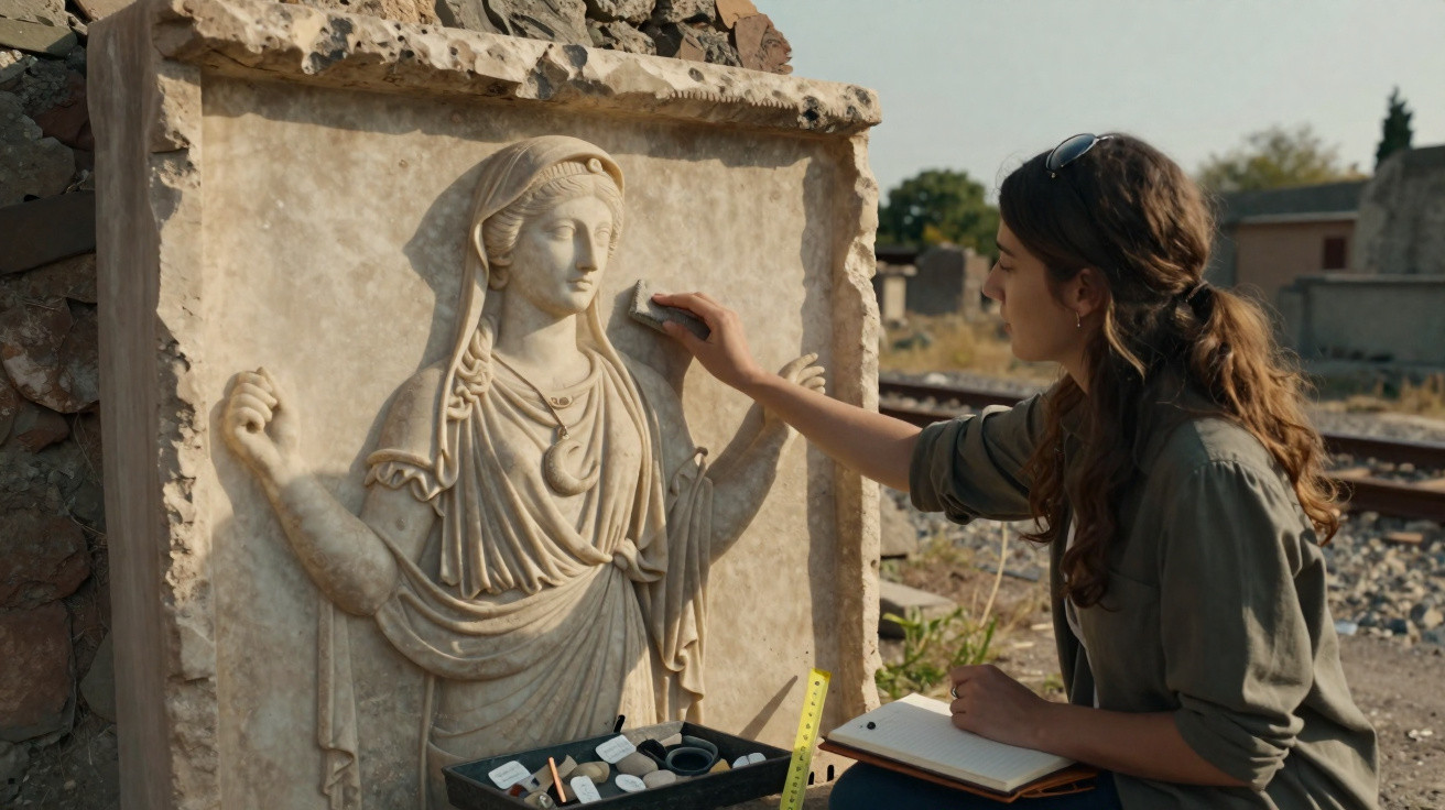 Mulher restaurando relevo antigo de mármore com lupa e materiais de arte ao ar livre, perto de trilhos.