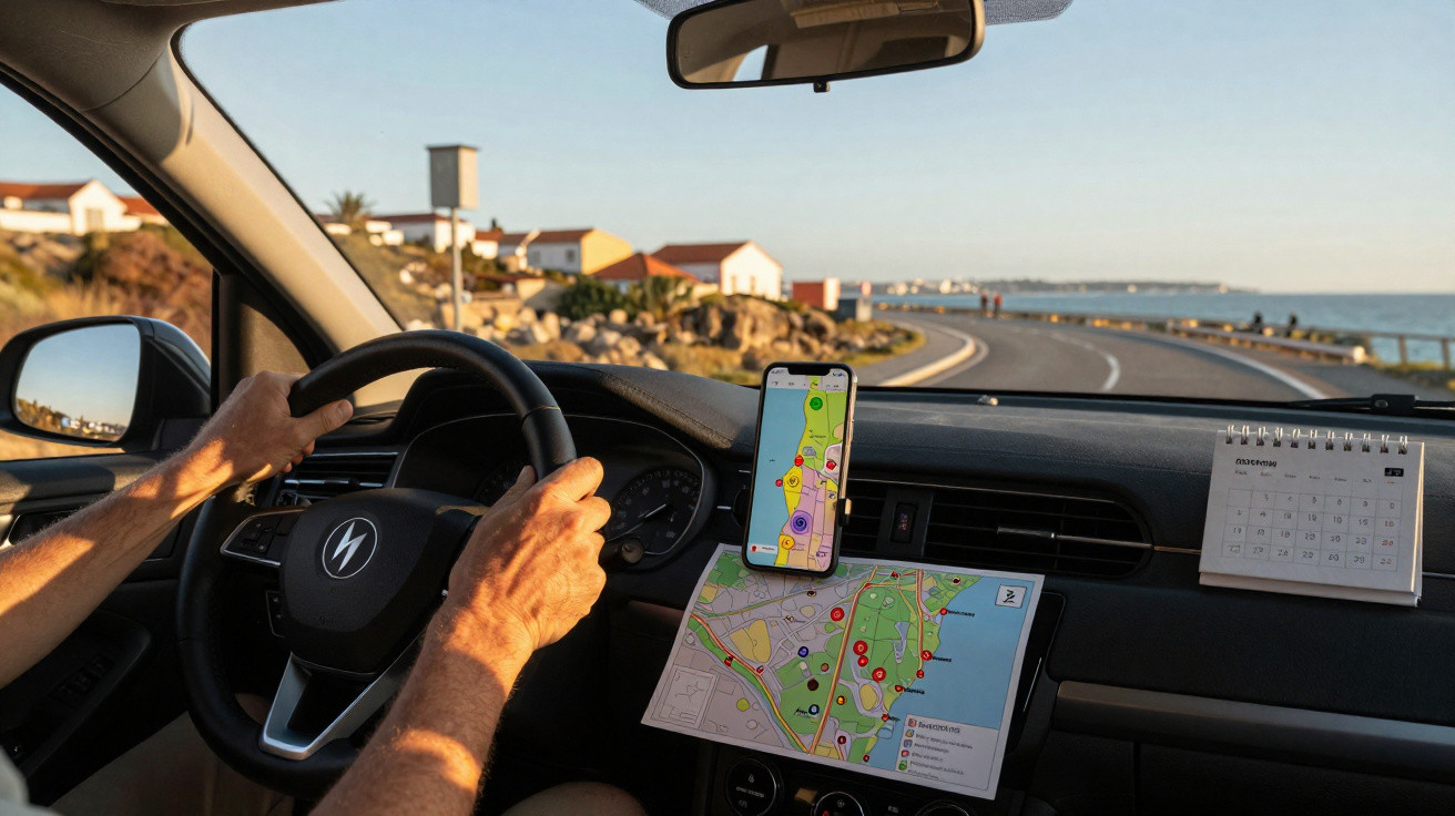 Motorista dirigindo carro com mapa e celular com GPS no painel, em estrada costeira ao entardecer.