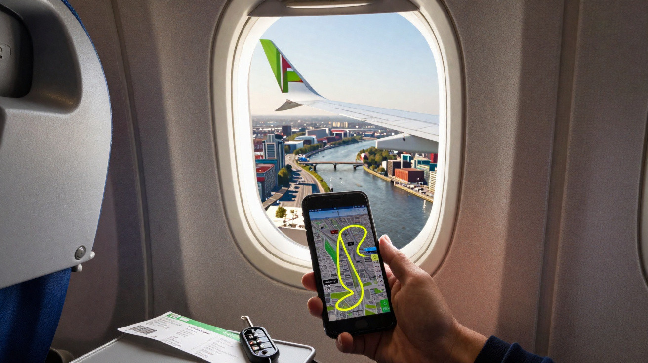 Pessoa segurando celular com aplicativo de mapa aberto dentro de avião, vista pela janela da asa e cidade com rio.