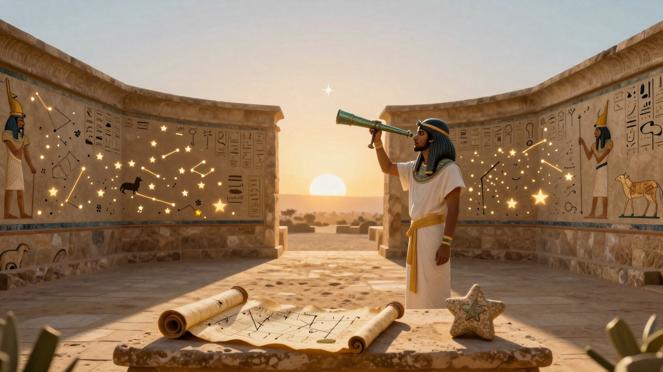 Homem com roupa egípcia observando o céu com telescópio em templo antigo ao pôr do sol.