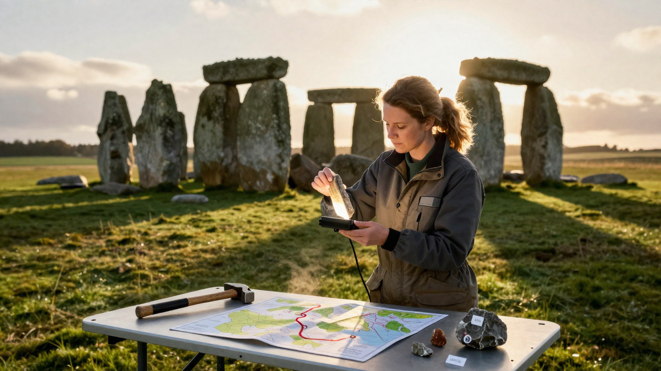 Mulher examina artefato com luz em mesa com mapa, martelo e pedras, com monumento de Stonehenge ao fundo.