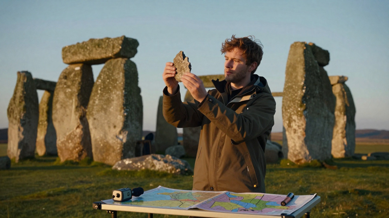 Homem segurando fragmento de pedra em Stonehenge, com mapa e dispositivos sobre mesa ao pôr do sol.
