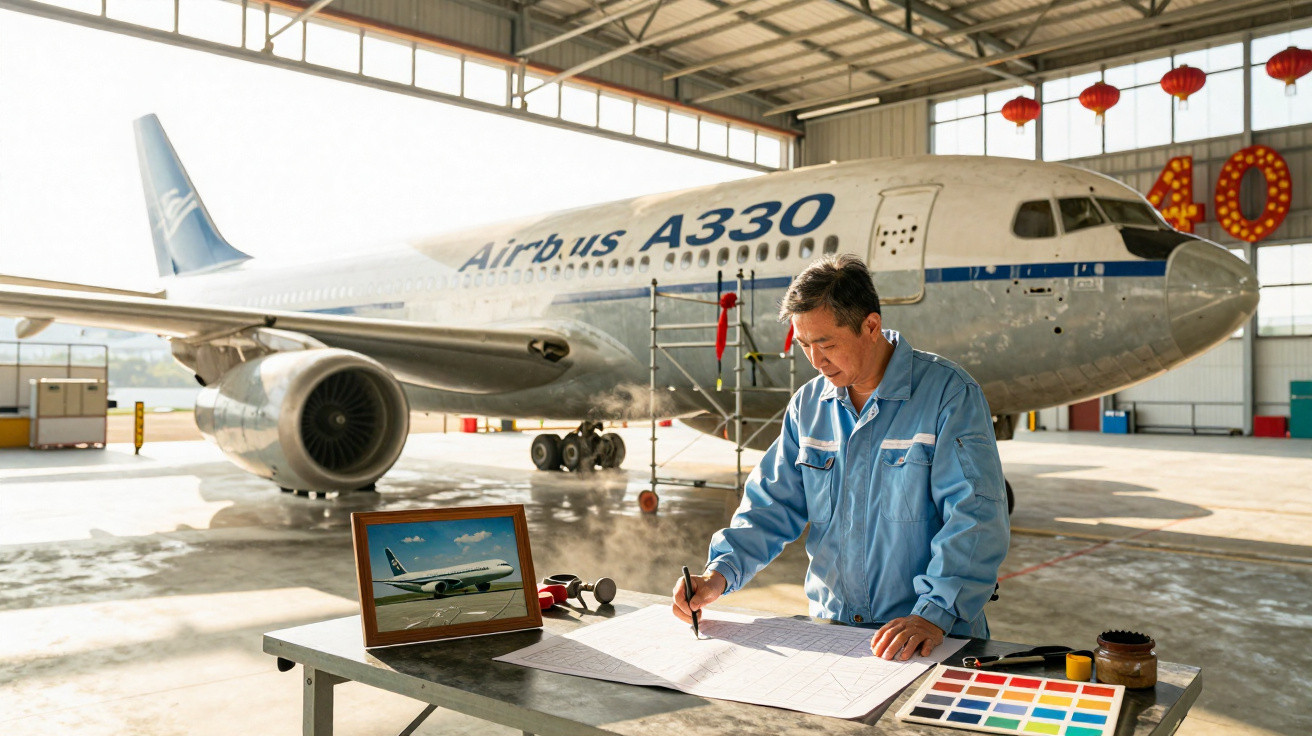 Homem trabalhando em projeto na oficina ao lado de avião Airbus A330 estacionado dentro do hangar.