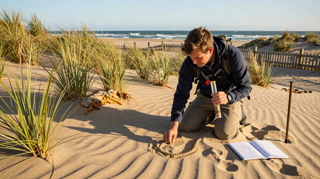 Homem coleta amostra de areia na praia com plantas e mar ao fundo durante o dia.