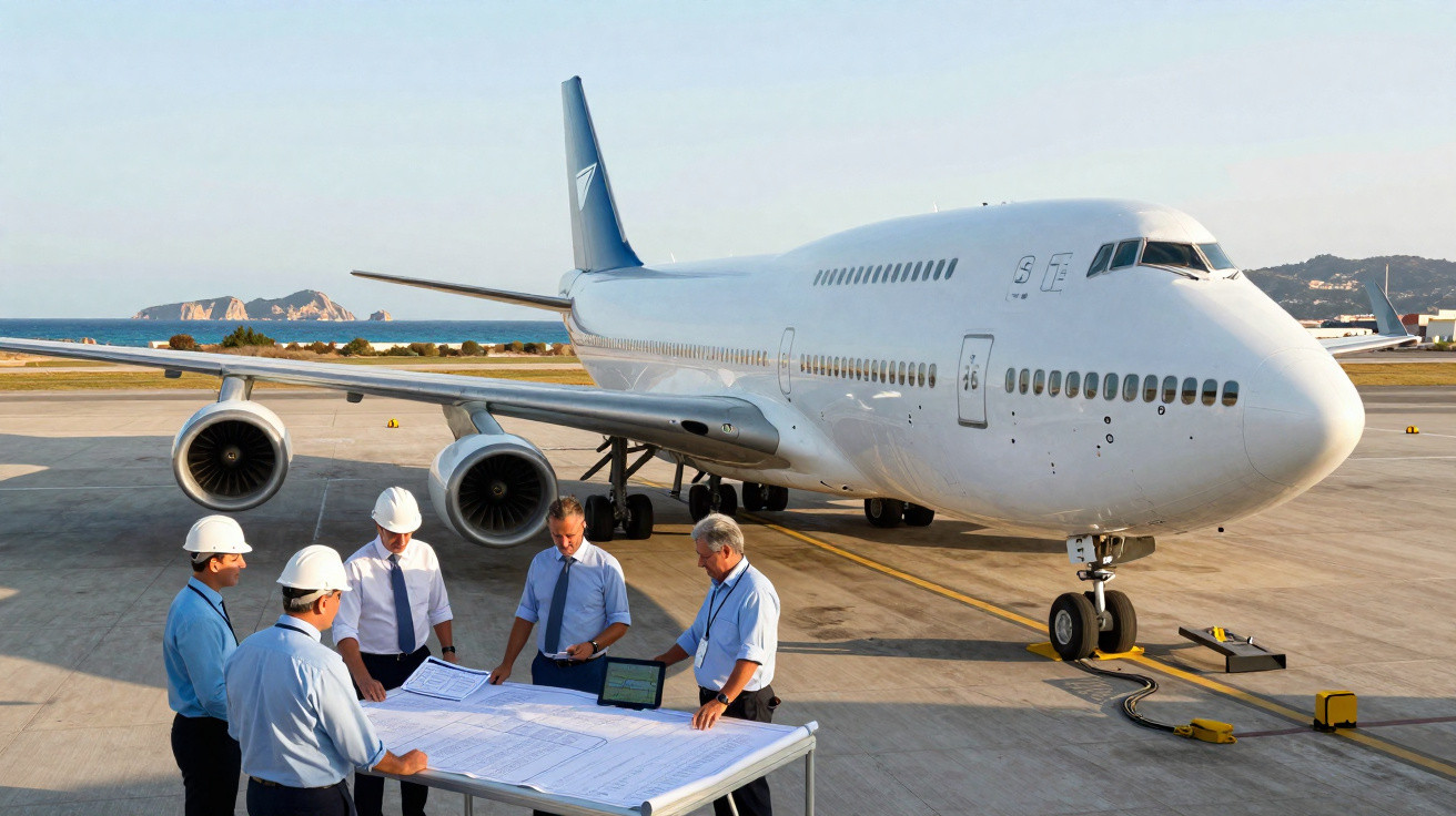 Equipe de engenheiros revisando planos na pista próximo a um avião comercial branco estacionado.