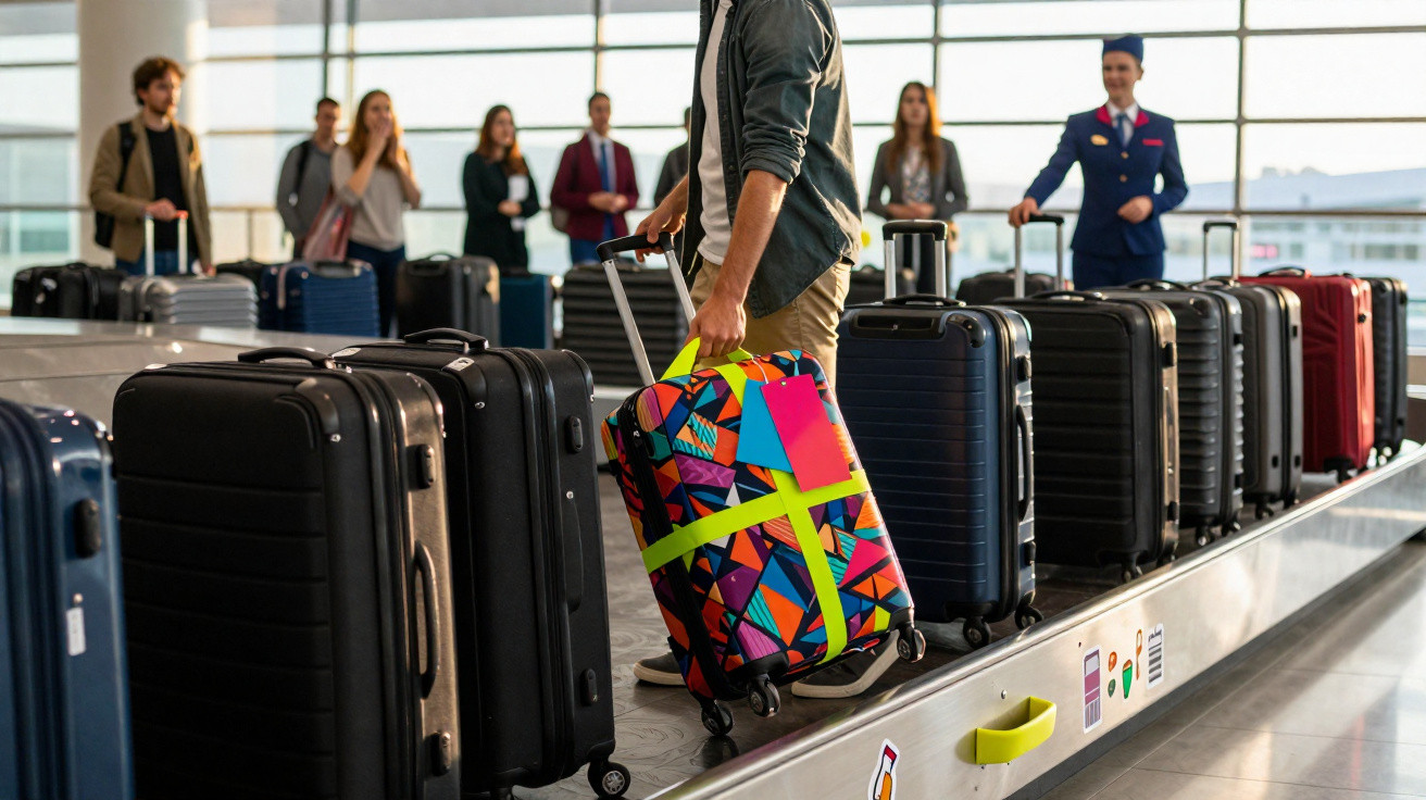 Pessoa segurando mala colorida enquanto outras esperam perto de esteira com bagagens diversas em aeroporto.
