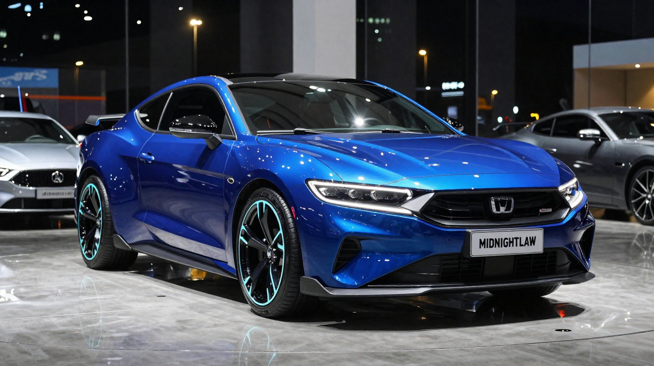 Carro esportivo coupe azul com detalhes neon em exposição em showroom moderno à noite.