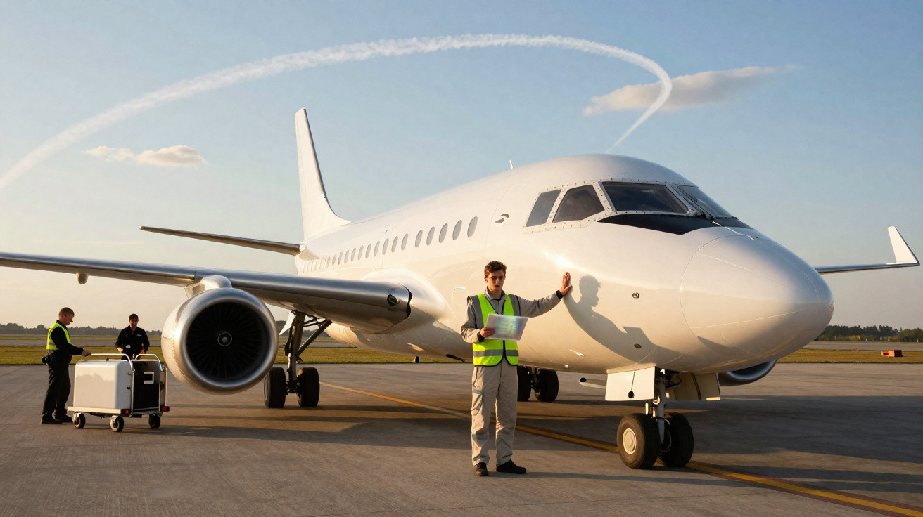 Homem com colete refletivo orienta pouso próximo a avião branco estacionado em pista ao entardecer.