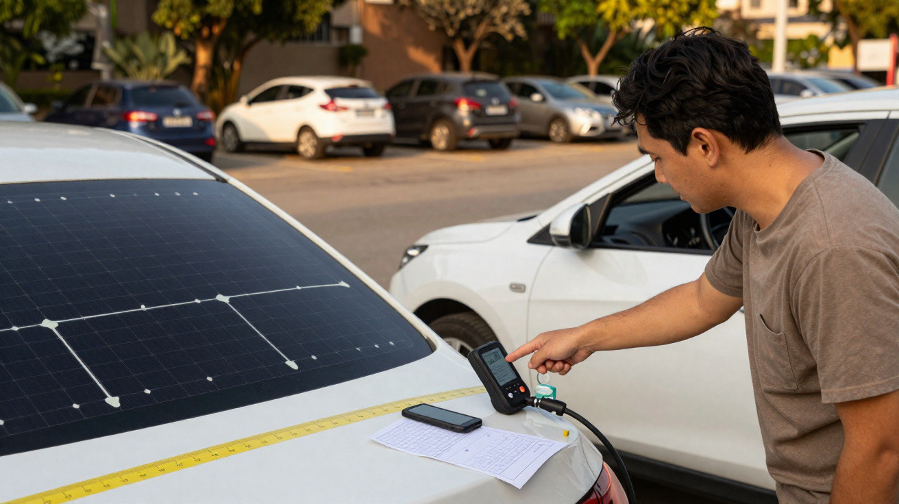 Homem usa dispositivo eletrônico para medir painel solar em carro estacionado em rua com outros veículos ao fundo.