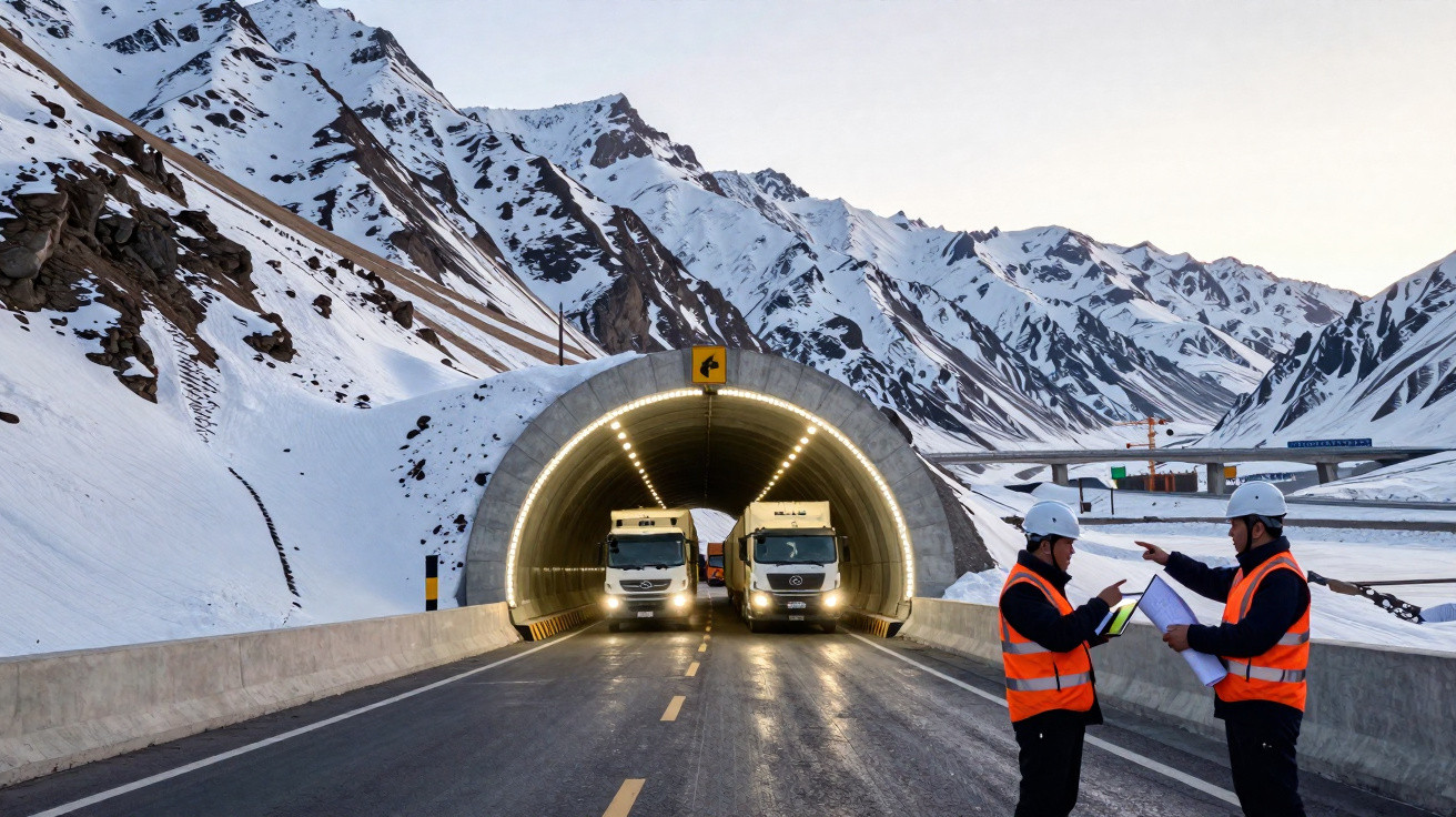 Túnel rodoviário em montanha nevada com dois caminhões saindo e dois homens de colete laranja conversando.