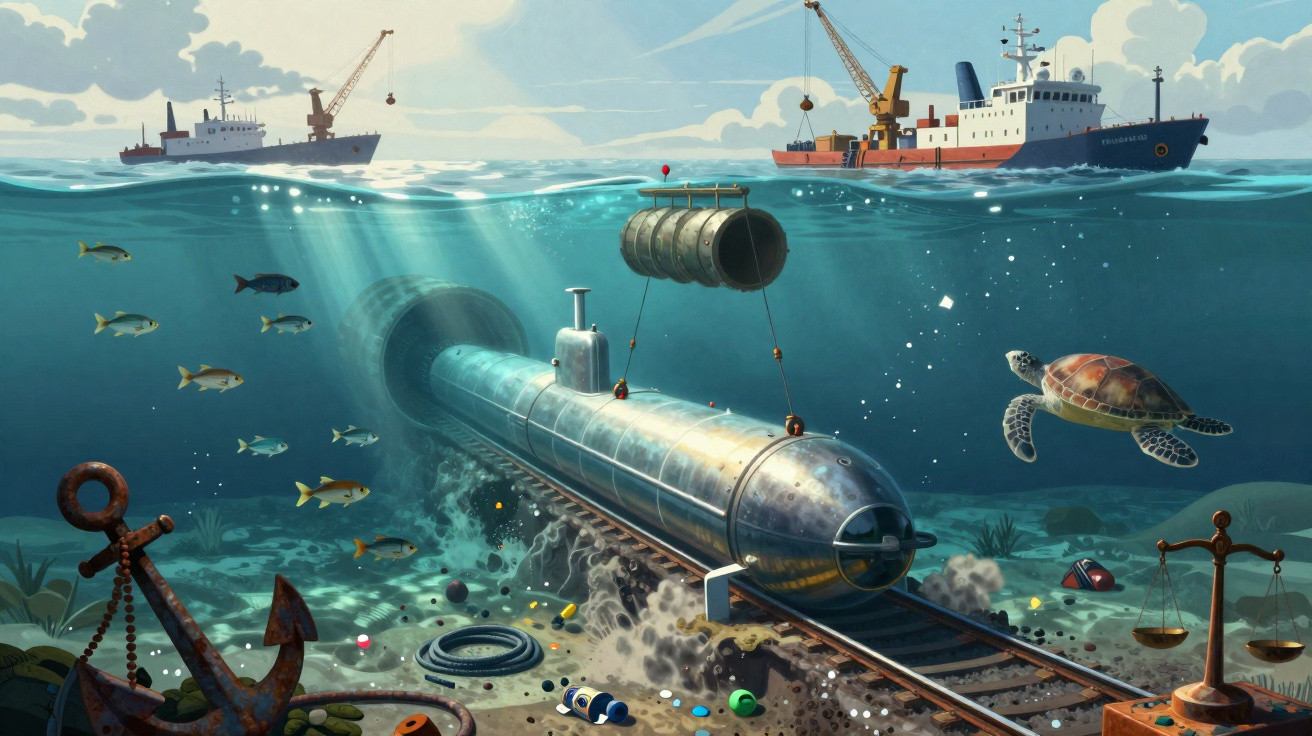 Túnel submarino em construção, com trens, peixes, tartaruga e dois navios na superfície.