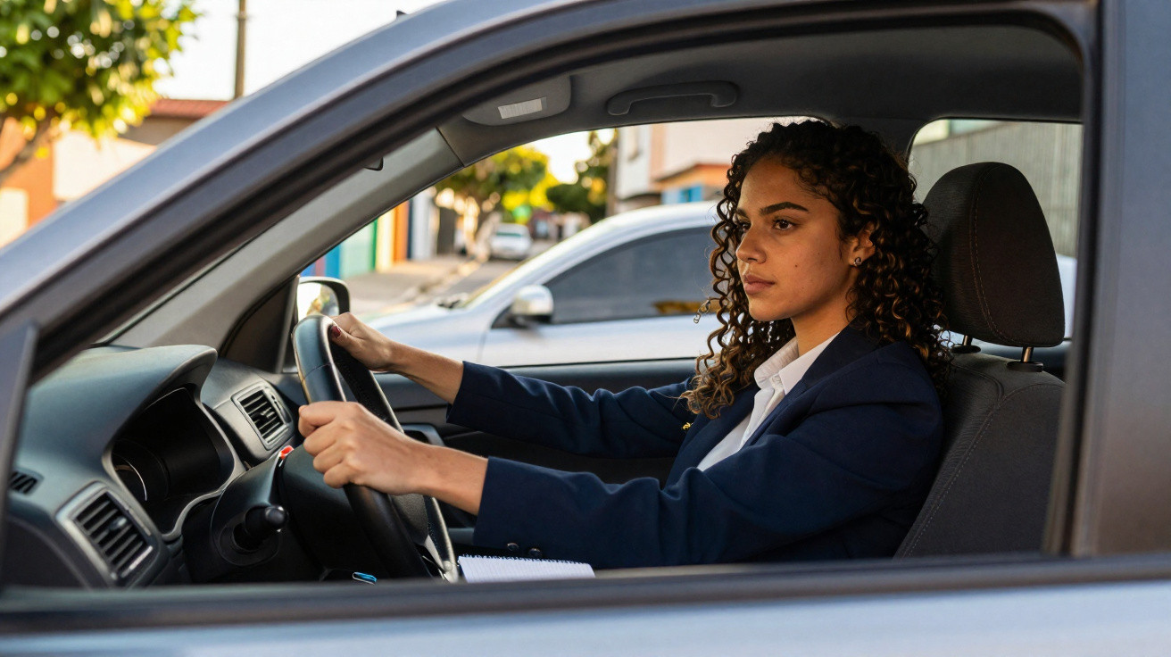 Mulher jovem com expressão séria dirigindo carro em área urbana durante o dia.