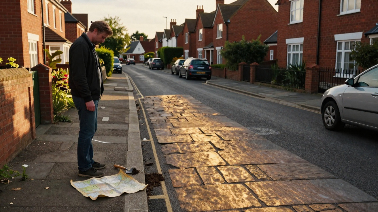 Homem observa mapa perto de rua residencial com calçada e casas de tijolos ao entardecer.