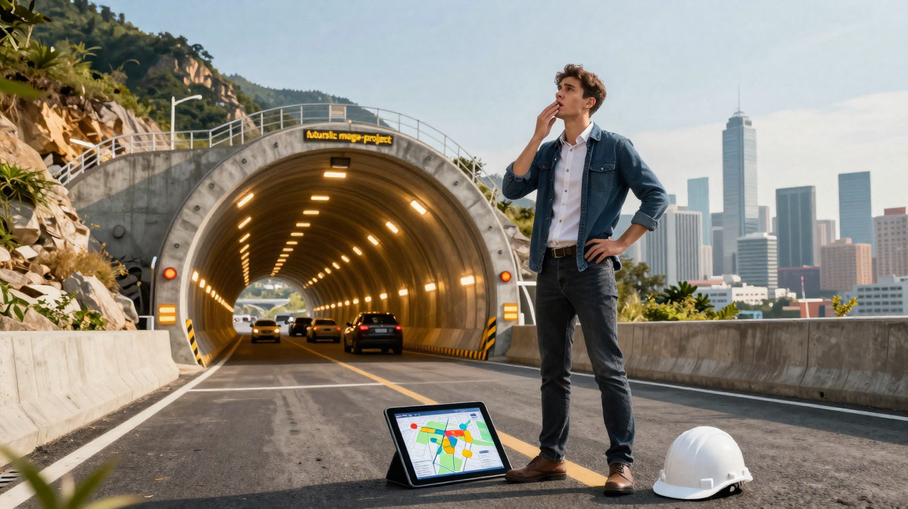 Homem em obra com capacete e tablet na estrada em frente a túnel iluminado e cidade ao fundo.