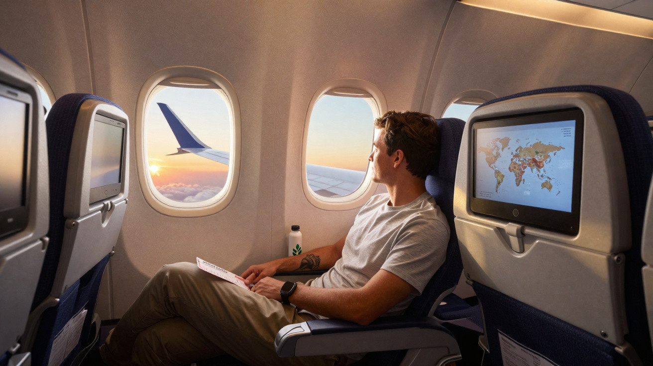 Homem sentado em avião olhando pela janela com pôr do sol e tela de mapa-múndi ao lado.