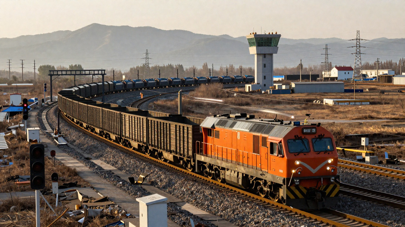 Trem de carga laranja em curva na ferrovia com torre de controle e montanhas ao fundo ao entardecer.