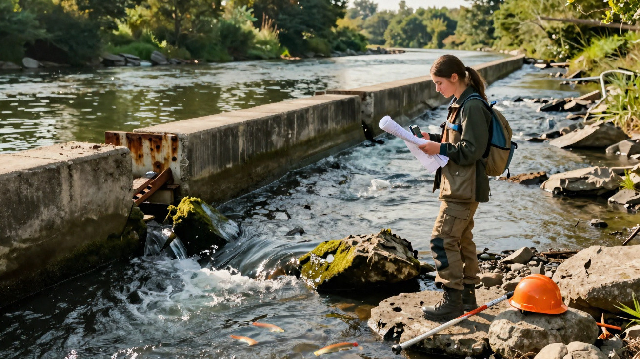 Mulher com mochila e roupas de exploração analisa documentos perto de rio com pedras e vegetação ao redor.