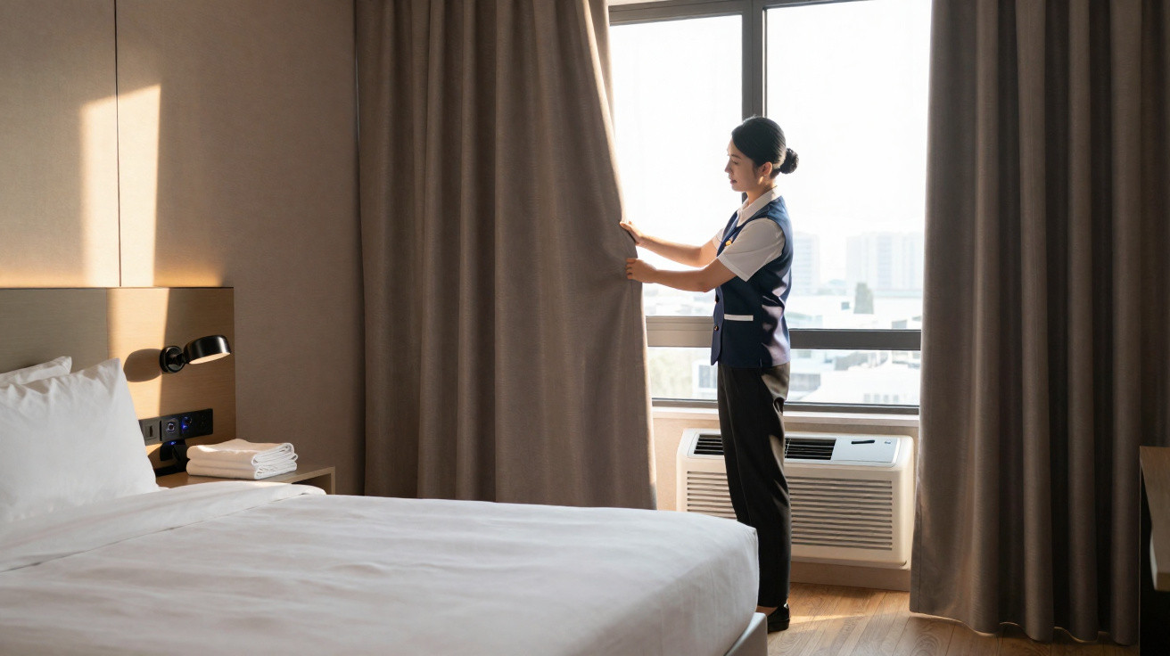 Funcionária de hotel abrindo cortina em quarto com cama feita e ar-condicionado próximo à janela.