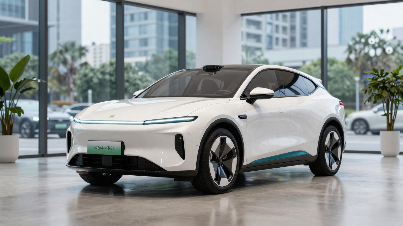 Carro elétrico branco moderno em exposição dentro de showroom com vidro e plantas ao redor.