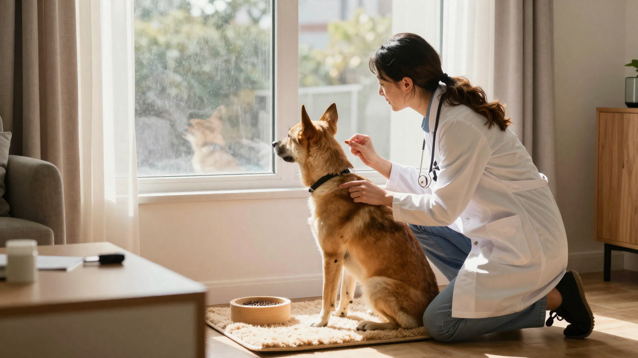 Veterinária de jaleco acariciando cachorro sentado próximo à janela de casa iluminada pelo sol.