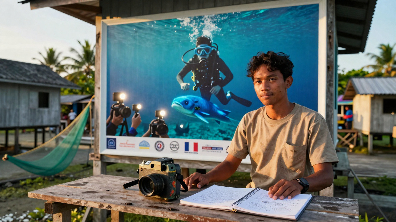 Jovem sentado em mesa com câmera e caderno, fundo mostra pôster de mergulhador e peixe azul.