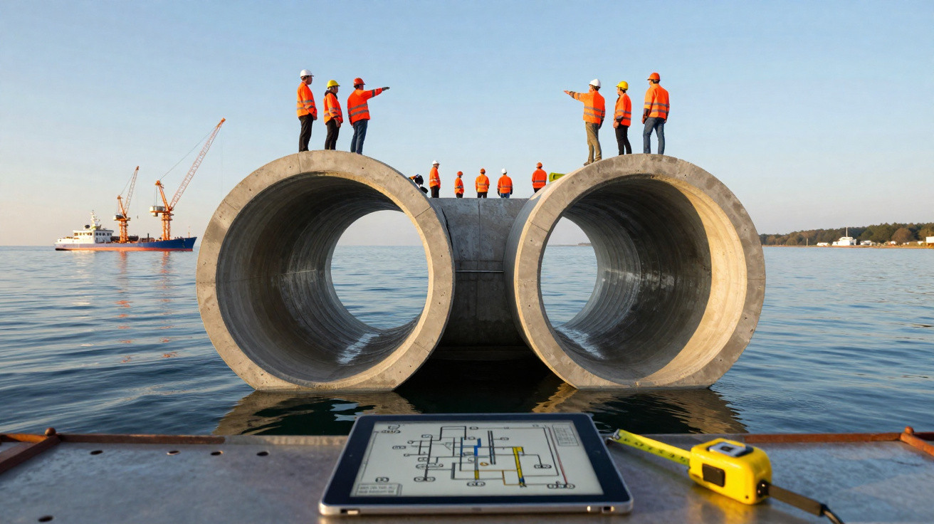 Equipe de engenharia em coletes e capacetes inspecionando grandes tubos de concreto em área marítima.
