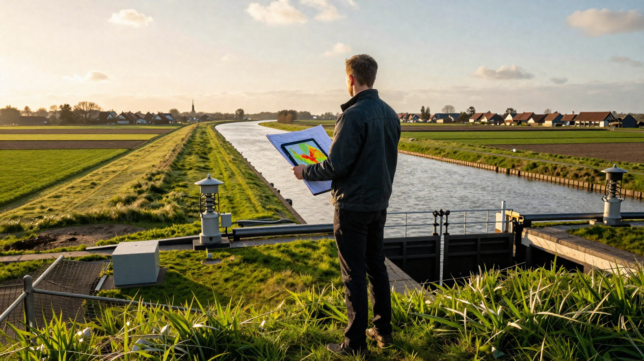 Homem segurando tablet com mapa climático, observando canal e campo ao pôr do sol.