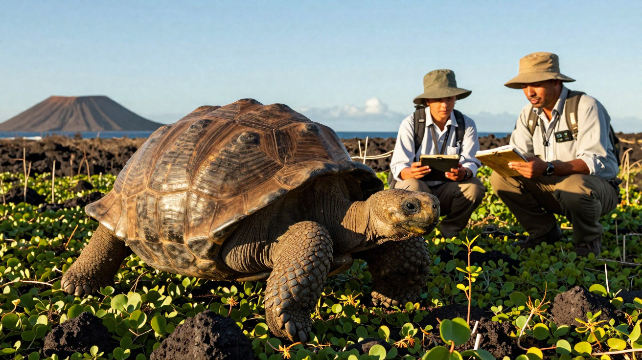 Tartaruga gigante caminhando em área de vegetação com dois pesquisadores observando e anotando dados ao fundo.