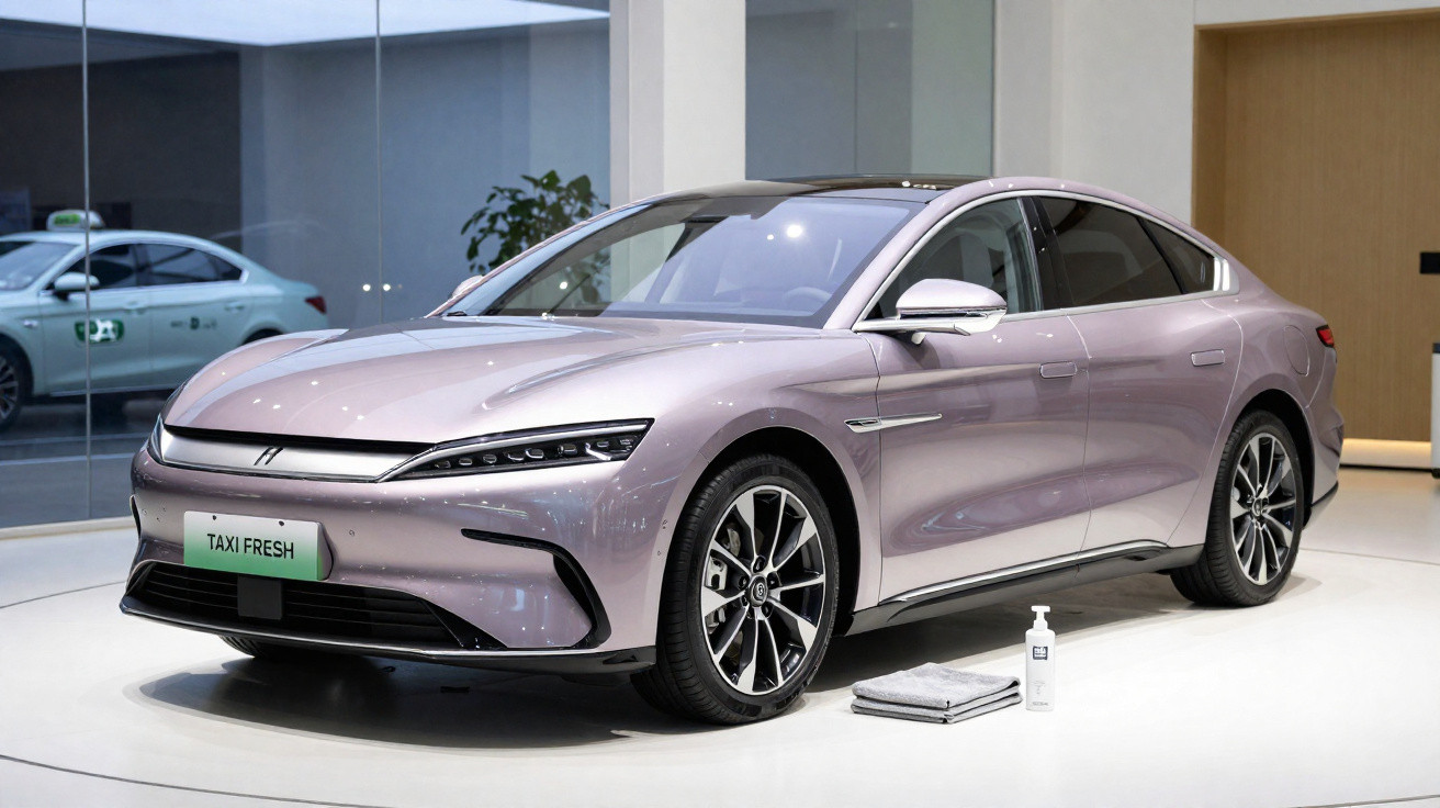 Carro elétrico prata exibido em showroom moderno com piso branco e objetos de limpeza ao lado.