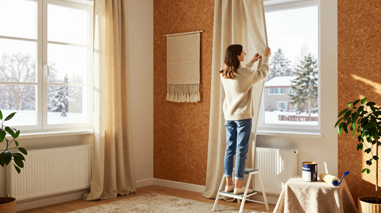 Mulher em pé em escada ajustando cortina em janela de sala iluminada e decorada com plantas e quadro de tecido.