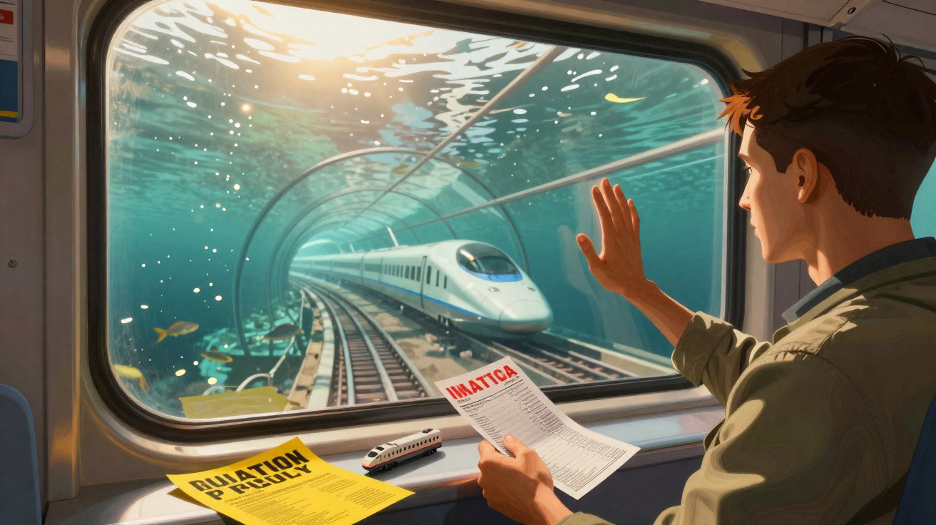 Homem observa trem de alta velocidade passando por túnel subaquático através da janela do trem.