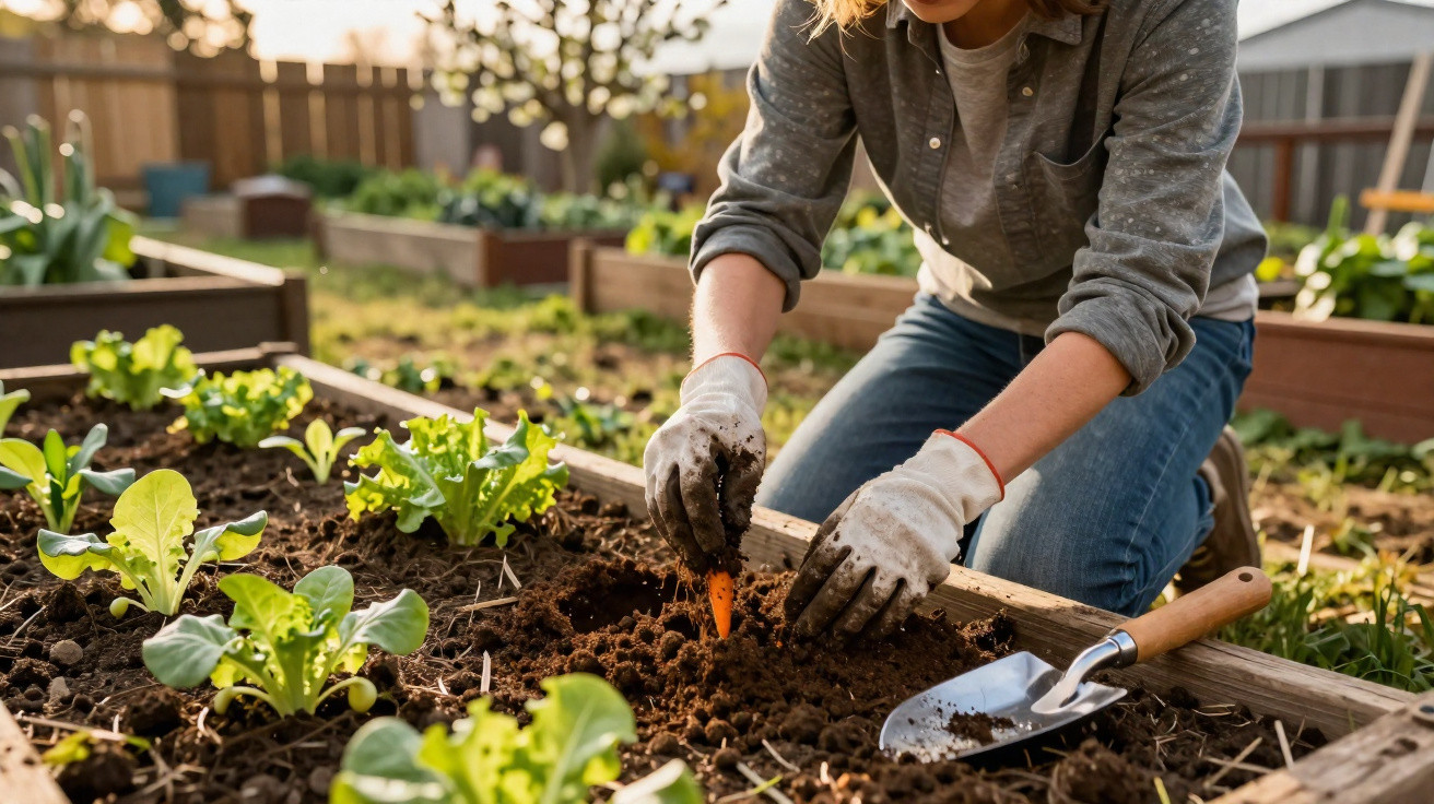 Pessoa plantando cenoura num canteiro de verduras em jardim ensolarado, com luvas e enxadinha ao lado.