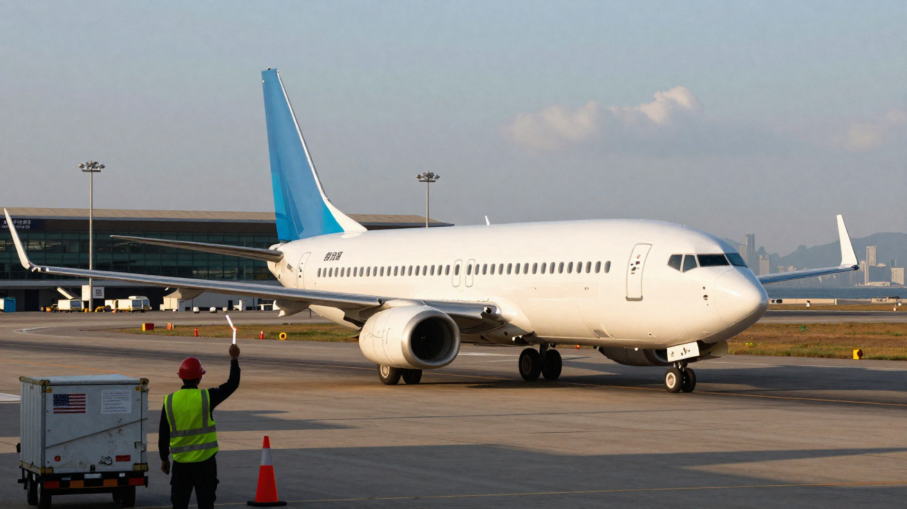Avião branco com cauda azul taxiando no aeroporto, com funcionário de colete sinalizando na pista.