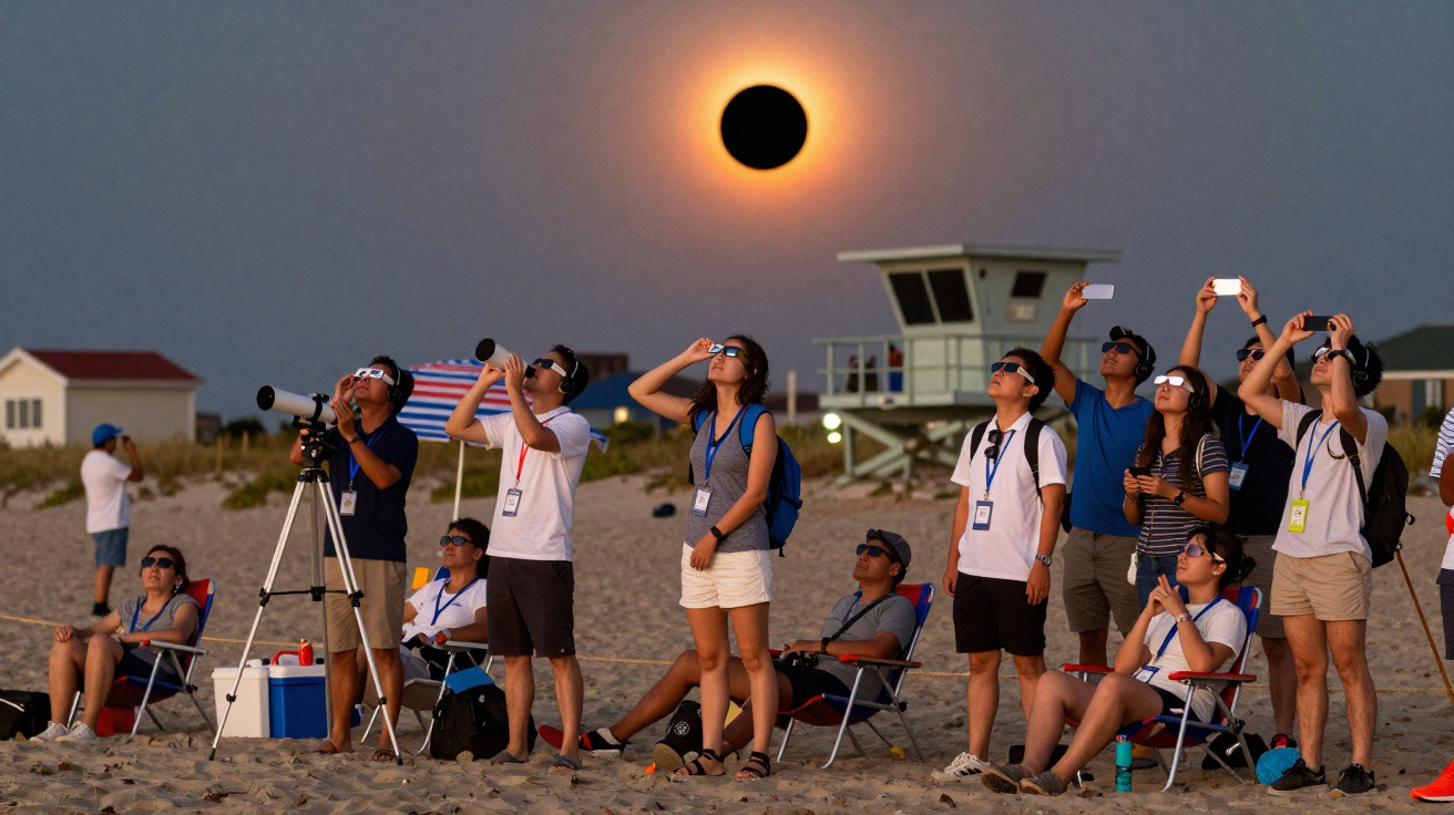 Grupo de pessoas na praia observando eclipse solar total com óculos especiais.